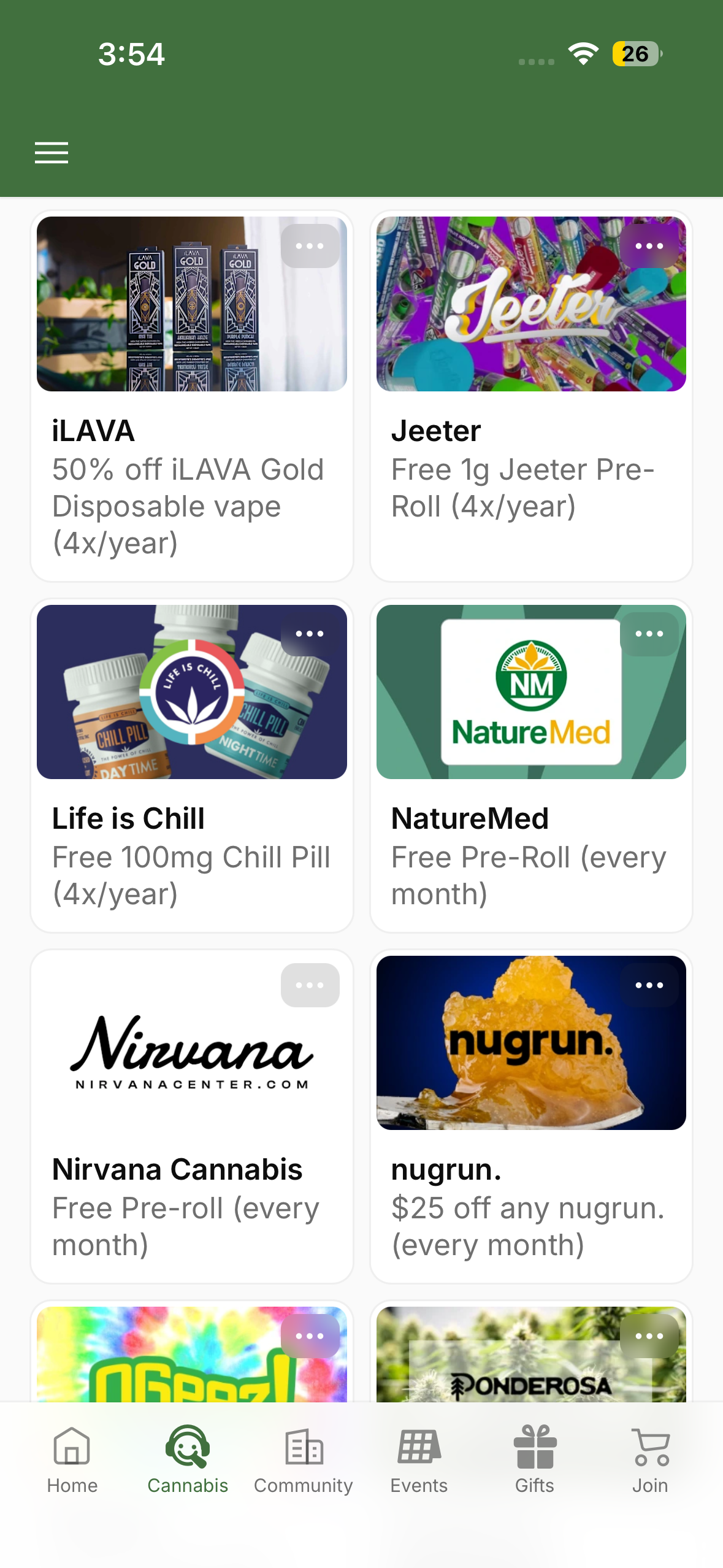 The Doobie app perks grid showing member-only dispensary deals.